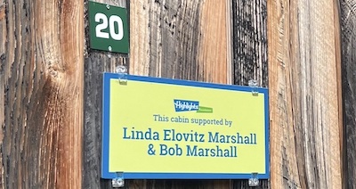 Cabin 20 Sign showing it is supported by Linda Elovitz Marshall and Bob Marshall